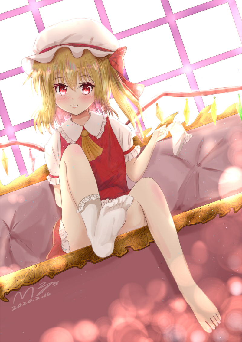 artist_name bangs barefoot blonde_hair blush bow couch crystal dated dress eyebrows_visible_through_hair flandre_scarlet foot_up hair_bow hair_ornament hat holding lens_flare looking_at_viewer m_ko_(maxft2) neckwear red_dress red_eyes red_skirt sitting skirt smile socks sunlight teppeki_skirt touhou window wings yellow_neckwear