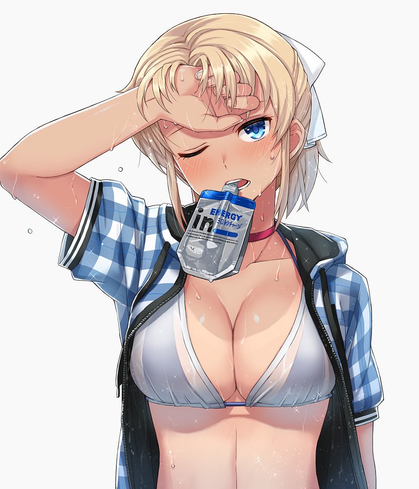 1girl bangs blonde_girl_(itou) blue_bra blue_eyes blue_jacket blush bottle bra breasts checkered_jacket choker fingernails hand_up head_tilt hood hood_down hooded_jacket hot itou_(onsoku_tassha) jacket large_breasts looking_at_viewer mouth_hold multiple_bras one_eye_closed open_clothes open_jacket original ponytail red_choker simple_background solo sweat sweating_profusely underwear upper_body wet_bra white_background white_bra wiping_forehead