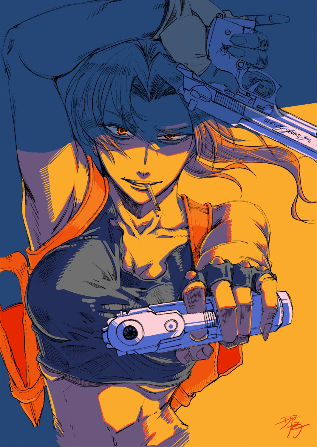 1girl beretta_92 black_lagoon dual_wielding fingerless_gloves gloves gun handgun highres holding holster long_hair looking_at_viewer midriff nahato_(nhtaao) revy_(black_lagoon) smoking solo toned weapon