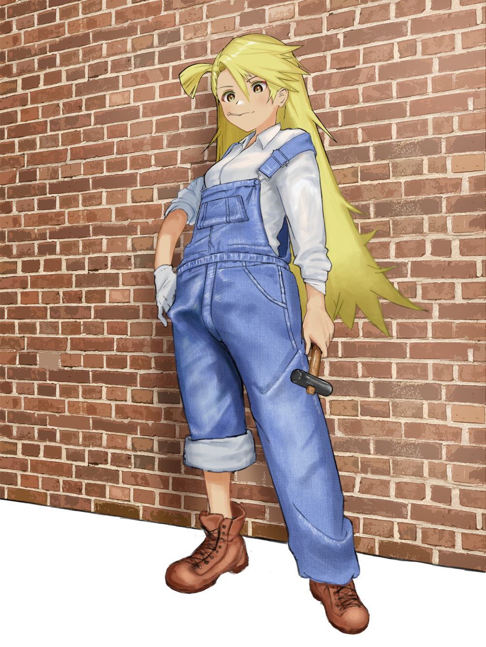 1girl bangs blonde_hair boots breasts brick_wall brown_eyes brown_footwear collared_shirt cross-laced_footwear denim flasso full_body gloves hammer highres holding holding_hammer long_hair long_sleeves looking_at_viewer mouth_hold nail one_side_up original overalls shirt single_glove sleeves_pushed_up solo swept_bangs very_long_hair white_gloves white_shirt
