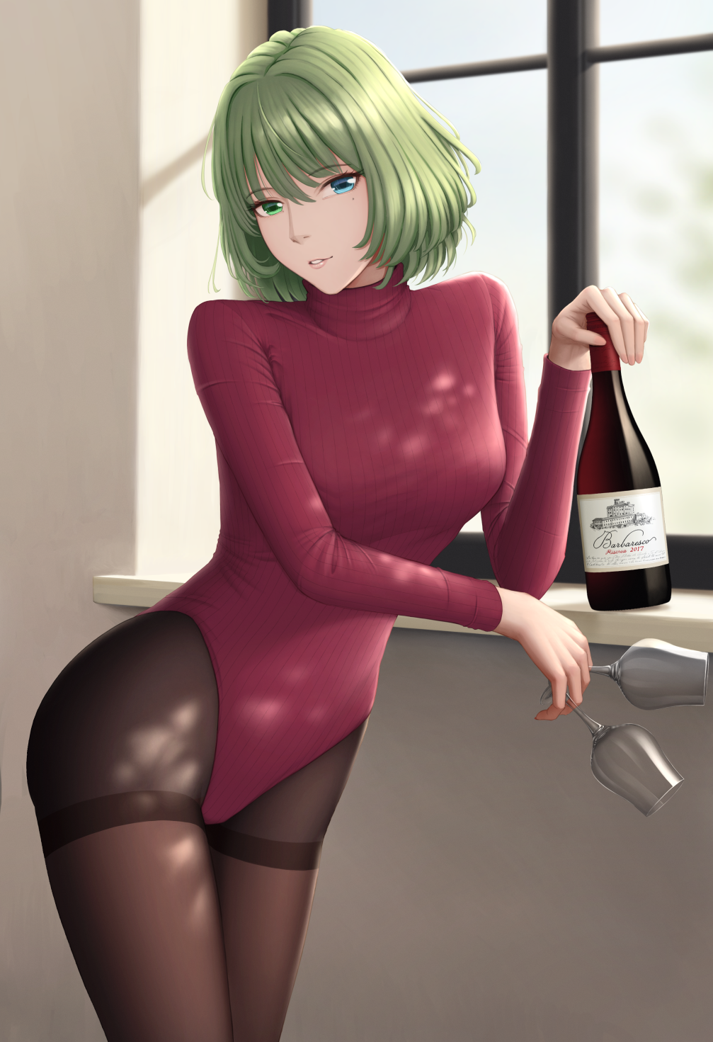 1girl arm_support bangs black_legwear blue_eyes bodysuit bottle breasts cup drinking_glass eyebrows_visible_through_hair green_eyes green_hair highres holding holding_bottle holding_cup idolmaster idolmaster_cinderella_girls indoors leotard light_smile long_sleeves looking_at_viewer medium_breasts mole mole_under_eye pantyhose parted_lips ribbed_leotard short_hair solo sunlight takagaki_kaede thighband_pantyhose turtleneck turtleneck_leotard uguisugo uniqlo window windowsill wine_bottle wine_glass