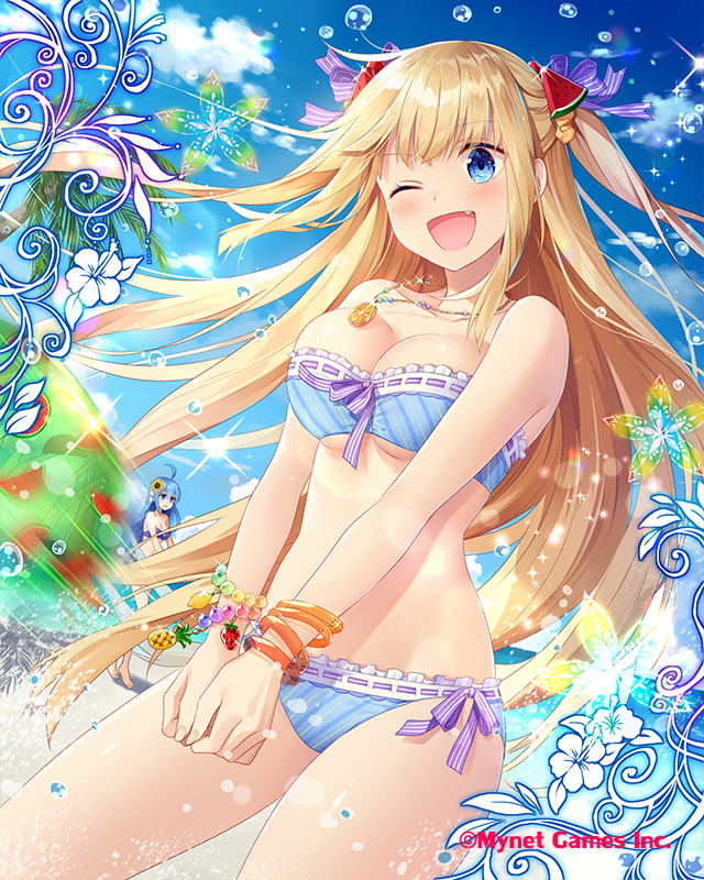 2girls ball bare_shoulders beach beach_volleyball bikini blonde_hair blue_eyes food fruit gauntlets green_bikini hair_ornament jewelry lemon lemon_slice long_hair looking_at_viewer multiple_girls natsumekinoko necklace official_art one_eye_closed open_mouth pineapple shinkai_no_valkyrie strawberry swimsuit watermelon