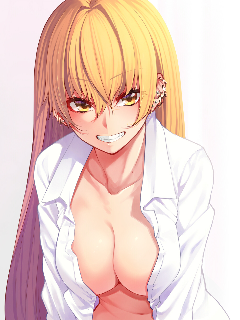 1girl bangs breasts brown_eyes brown_hair collarbone ear_piercing earrings eyebrows_visible_through_hair grin highres jewelry large_breasts mikan_(chipstar182) navel open_clothes open_shirt original piercing shirt simple_background smile solo upper_body white_background white_shirt