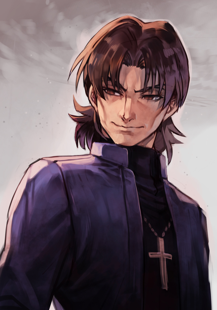 1boy bangs black_shirt brown_eyes brown_hair cheekbones closed_mouth coat cross cross_necklace fate/stay_night fate_(series) grin hankuri jewelry kotomine_kirei latin_cross long_sleeves male_focus necklace parted_bangs purple_coat shirt simple_background smile smirk solo standing upper_body