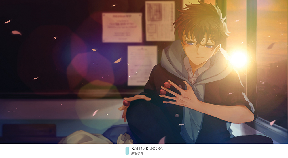 1boy black_jacket blue_eyes blurry blurry_background brown_hair character_name cherry_blossoms classroom hair_between_eyes half-closed_eyes hood hood_down hooded_sweater indoors jacket kuroba_kaito lens_flare magic_kaito male_focus meitantei_conan monicanc open_window sitting sleeves_rolled_up solo sweater window