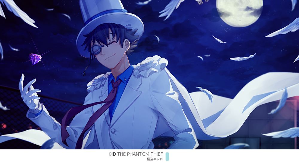 1boy bird blue_shirt blue_sky blurry_foreground brown_hair brown_neckwear character_name closed_eyes closed_mouth clouds collared_shirt feathers full_moon gem gloves hat jacket kaitou_kid lens_flare long_sleeves magic_kaito male_focus meitantei_conan monicanc monocle moon night night_sky shirt sky smile smug solo white_gloves white_headwear white_jacket wing_collar