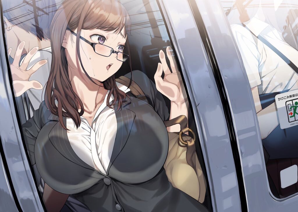 1girl against_glass bag bangs blush breast_press breasts breasts_on_glass brown_hair business_suit formal glasses ground_vehicle hand_on_glass large_breasts long_hair office_lady open_mouth original samemanma shoulder_bag solo_focus suit train violet_eyes