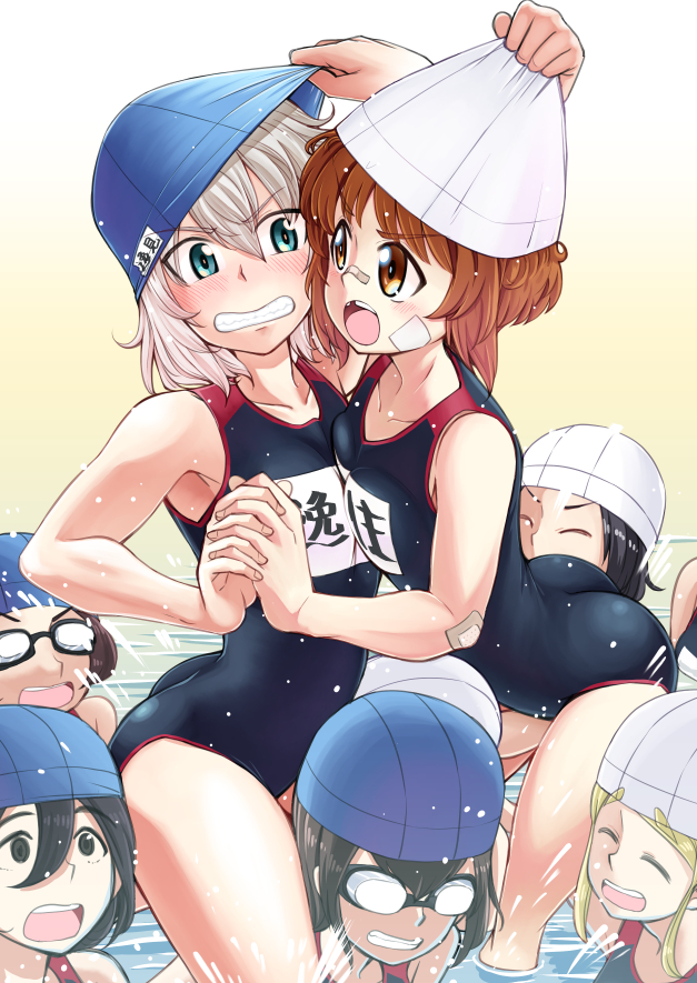 6+girls bandage_on_face bandaid bandaid_on_elbow bandaid_on_nose bangs black_eyes black_hair black_swimsuit blonde_hair blue_eyes blue_headwear brown_eyes brown_hair closed_eyes commentary droplet eyebrows_visible_through_hair face-to-face frown girls_und_panzer goggles grapple grimace hands_together interlocked_fingers itsumi_erika kibasen looking_at_another medium_hair multiple_girls name_tag nishizumi_miho one-piece_swimsuit open_mouth school_swimsuit short_hair silver_hair smile standing sutahiro_(donta) swim_cap swimming swimsuit tooth_gap water white_headwear younger