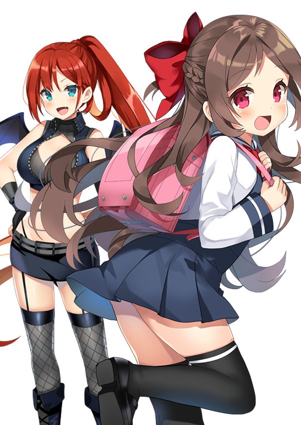 2girls :d backpack bag bangs bare_shoulders black_footwear black_gloves black_legwear black_skirt blue_dress blue_eyes blush boots bow braid breasts brown_hair character_request crop_top dress eyebrows_visible_through_hair fang fingerless_gloves fishnet_legwear fishnets ga_bunko garter_straps gloves grey_legwear hair_bow hand_on_hip kurot long_hair long_sleeves looking_at_viewer looking_to_the_side medium_breasts midriff multiple_girls official_art open_mouth parted_bangs ponytail randoseru red_bow red_eyes sailor_collar school_uniform shirt shoe_soles shoes simple_background skirt sleeveless sleeveless_dress smile standing standing_on_one_leg tensei_youjo_maou thigh-highs v-shaped_eyebrows very_long_hair white_background white_sailor_collar white_shirt