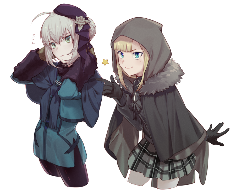 2girls ahoge bangs black_legwear blonde_hair blue_eyes blunt_bangs cape cosplay costume_switch csyko eyebrows_visible_through_hair fate_(series) flower fur-trimmed_cape fur_trim gray_(lord_el-melloi_ii) gray_(lord_el-melloi_ii)_(cosplay) green_eyes grey_cape grey_hair grey_rose hair_between_eyes hat hat_flower hood hood_up lord_el-melloi_ii_case_files multiple_girls pantyhose plaid plaid_skirt reines_el-melloi_archisorte reines_el-melloi_archisorte_(cosplay) skirt tilted_headwear