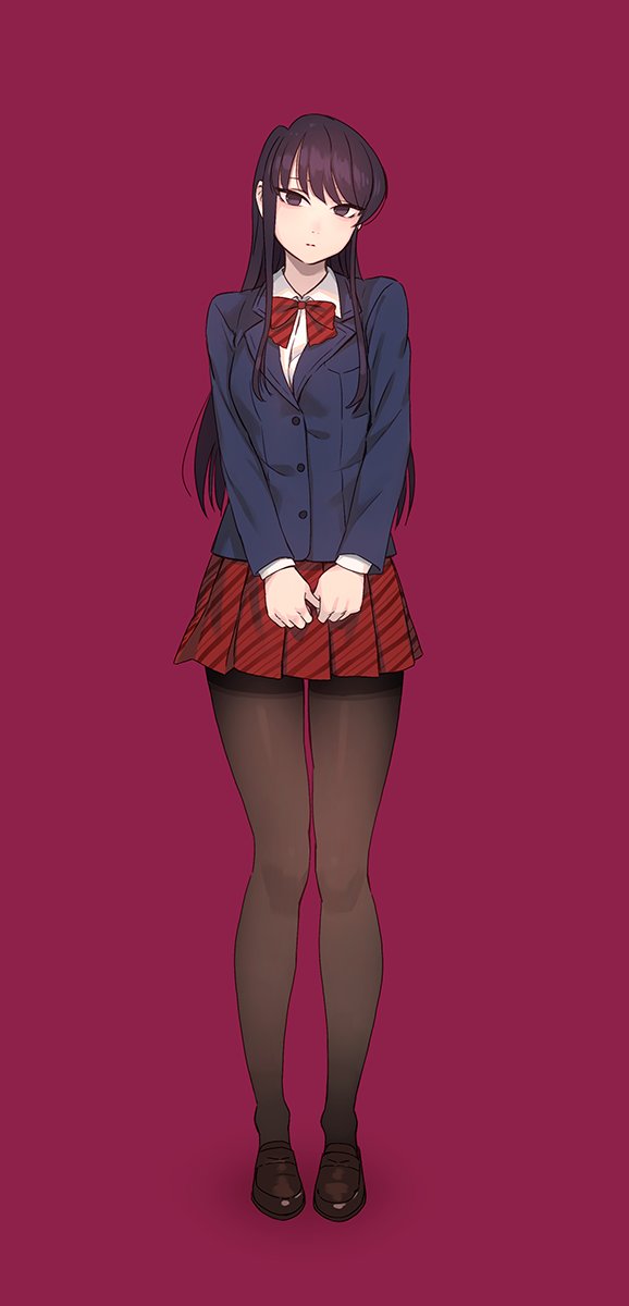 1girl black_eyes black_hair blazer breasts brown_legwear buttons collared_shirt commentary full_body highres jacket komi-san_wa_komyushou_desu komi_shouko long_hair long_sleeves looking_at_viewer pantyhose parted_lips pleated_skirt red_background red_skirt school_uniform shirt shoes simple_background skirt solo standing white_shirt yuuji_(and)