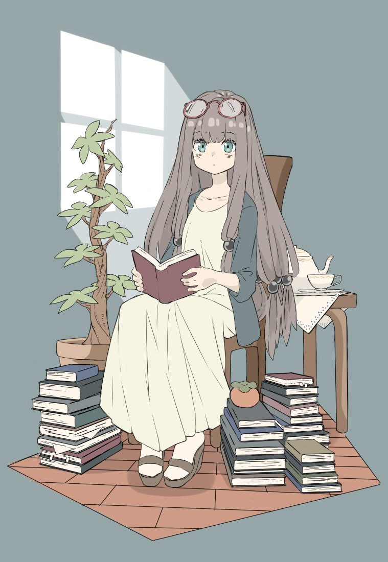 1girl banana_takemura bangs beads blue_jacket blunt_bangs book book_stack brown_hair chair cup dress expressionless eyebrows_visible_through_hair eyewear_on_head food fruit full_body glasses green_eyes hair_beads hair_ornament holding holding_book indoors jacket legs_together long_hair looking_at_viewer low-tied_long_hair original persimmon plant potted_plant round_eyewear sandals saucer sitting solo table tablecloth teacup teapot white_dress white_legwear window