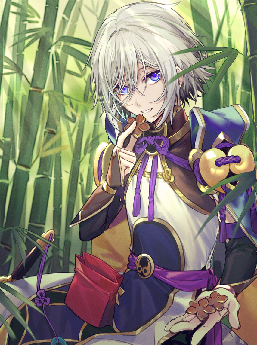 1boy bag bamboo bamboo_forest blue_eyes chinese_armor chinese_clothes csyko fate/grand_order fate_(series) forest gao_changgong_(fate) gift hair_between_eyes holding holding_gift looking_at_viewer male_focus nature offering short_hair silver_hair solo valentine