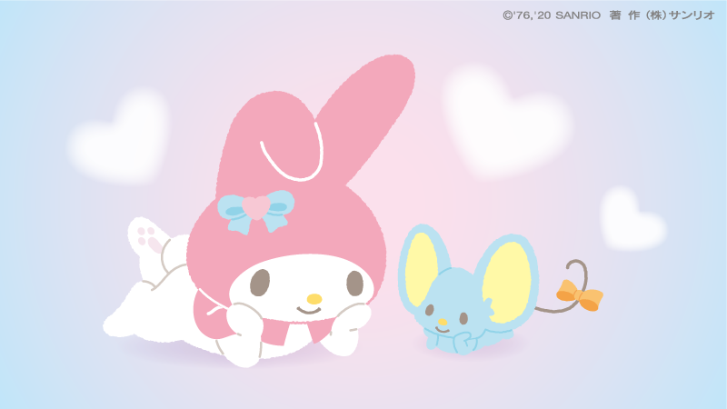 1boy 1girl artist_request blue_background blue_ribbon bow closed_mouth company_name elbow_rest eye_contact gradient gradient_background head_rest heart heart_background lavender_background leg_up looking_at_another lying mouse mr._flat my_melody no_humans no_lineart official_art on_stomach onegai_my_melody orange_bow pink_background ribbon simple_background smile tail tail_bow the_pose