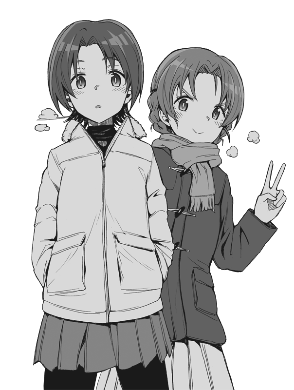 2girls aokaze_(mimi_no_uchi) bangs braid breath closed_mouth coat commentary fringe_trim girls_und_panzer greyscale hands_in_pockets leaning_to_the_side looking_at_viewer medium_skirt miniskirt monochrome multiple_girls open_mouth orange_pekoe_(girls_und_panzer) pantyhose parted_bangs peeking_out pleated_skirt sawa_azusa scarf short_hair skirt smile standing tied_hair toggles twin_braids v v-shaped_eyebrows