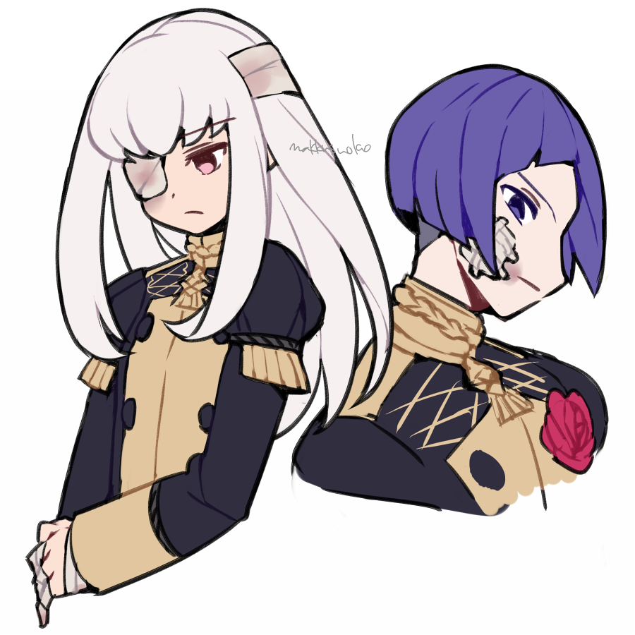 1boy 1girl artist_name bandage_over_one_eye bandages closed_mouth do_m_kaeru eyepatch fire_emblem fire_emblem:_three_houses garreg_mach_monastery_uniform long_hair long_sleeves lorenz_hellman_gloucester lysithea_von_ordelia pink_eyes simple_background uniform white_background white_hair