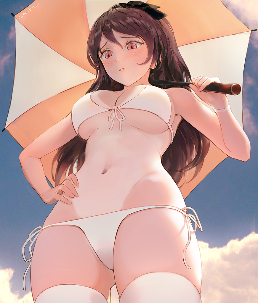 1girl armpits ass_visible_through_thighs bangs bare_arms bare_shoulders bikini blue_sky blush breasts brown_hair choseon commentary day from_below front-tie_bikini front-tie_top hand_on_hip holding holding_umbrella large_breasts long_hair looking_away looking_down lowleg lowleg_bikini navel one-piece_tan original outdoors parasol parted_lips red_eyes ribbon side-tie_bikini sky slit_pupils solo stomach swimsuit tan tanline thigh-highs umbrella under_boob white_bikini white_legwear white_ribbon