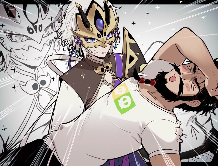 2boys beard black_hair blue_eyes braided_beard carrying chinese_clothes csyko edward_teach_(fate/grand_order) facial_hair fainting fate/grand_order fate_(series) gao_changgong_(fate) grey_hair horned_mask male_focus mask masked motion_lines multiple_boys princess_carry shirt silver_hair t-shirt zoom_layer