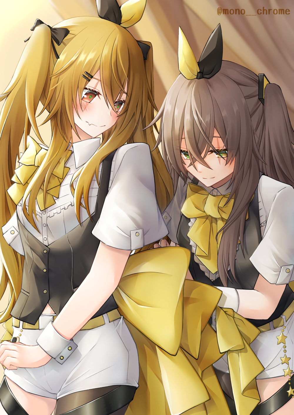 2girls :s alternate_costume asymmetrical_legwear back_bow background_text bangs belt black_coat black_legwear black_ribbon blush bow bowtie brown_eyes brown_hair chain clenched_hand closed_mouth collar commentary_request cowboy_shot curtains embarrassed eyebrows_visible_through_hair eyelashes frilled_shirt frills girls_frontline green_pupils grey_hair hair_ornament hair_ribbon hairclip helping highres holding holding_bow huge_bow idol leaning_forward long_hair looking_at_another looking_at_object monokuro_(sekahate) multiple_bows multiple_girls pantyhose ponytail ribbon scar scar_across_eye shiny shiny_hair shirt short_shorts short_sleeves shorts side_ponytail sidelocks smile standing star tagme thigh_strap twintails twitter_username two-tone_ribbon ump45_(girls_frontline) ump9_(girls_frontline) waistcoat white_shirt white_shorts white_wrist_cuffs wrist_cuffs yellow_belt yellow_bow yellow_eyes yellow_neckwear yellow_ribbon