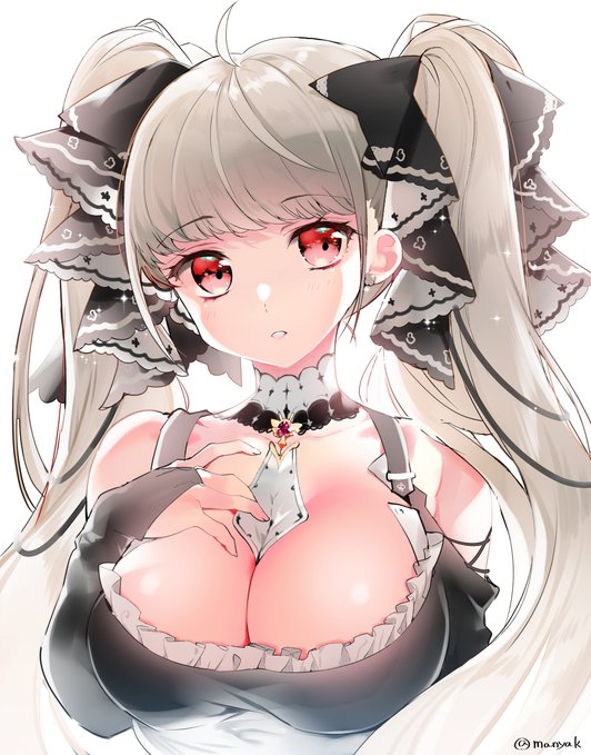 1girl azur_lane bangs bare_shoulders between_breasts black_dress breast_suppress breasts bridal_gauntlets choker dress earrings formidable_(azur_lane) grey_hair hair_over_shoulder hair_ribbon head_tilt jewelry large_breasts long_hair long_sleeves looking_at_viewer manyako_(mohumohu) parted_lips pendant red_eyes ribbon simple_background solo twintails two-tone_ribbon upper_body white_background