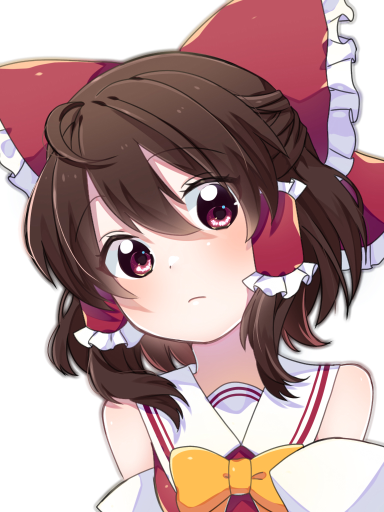 1girl bangs bare_shoulders bow brown_hair closed_mouth commentary_request eringi_(rmrafrn) eyebrows_visible_through_hair frilled_bow frills hair_between_eyes hair_tubes hakurei_reimu head_tilt orange_bow partial_commentary red_bow red_eyes red_shirt sailor_collar shirt simple_background sleeveless sleeveless_shirt solo touhou upper_body white_background white_sailor_collar