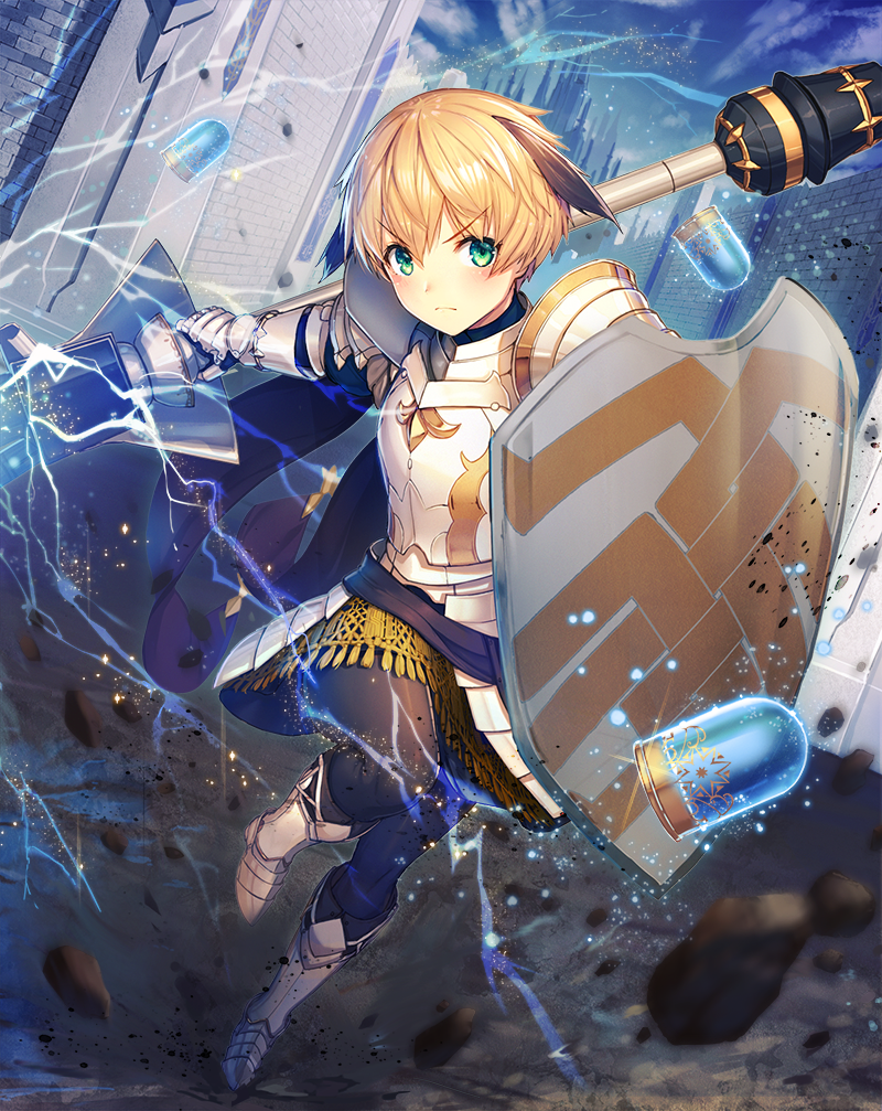 1girl amano_misaki ammunition armor blonde_hair boots castle electricity fate/grand_order fate_(series) gareth_(fate/grand_order) gauntlets green_eyes lance metal_boots pantyhose polearm shield weapon