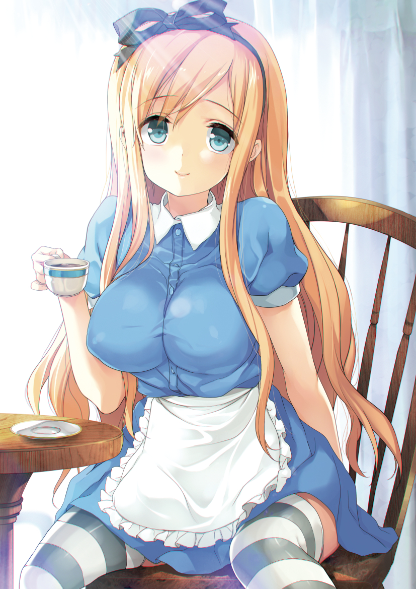 1girl alice_(wonderland) alice_in_wonderland apron bangs blonde_hair blue_eyes breasts cup emily_(pure_dream) eyebrows_visible_through_hair hairband large_breasts long_hair looking_at_viewer puffy_short_sleeves puffy_sleeves saucer short_sleeves sitting smile striped striped_legwear table teacup thigh-highs underwear