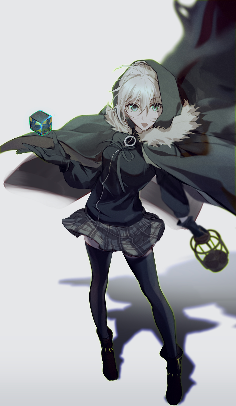 1girl add_(lord_el-melloi_ii) black_gloves black_legwear boots cape csyko fate_(series) fur-trimmed_cape fur_trim gloves gray_(lord_el-melloi_ii) green_eyes grey_hair hair_between_eyes highres holding_cage hood hood_up hooded_cape jacket lord_el-melloi_ii_case_files plaid plaid_skirt skirt thigh-highs track_jacket