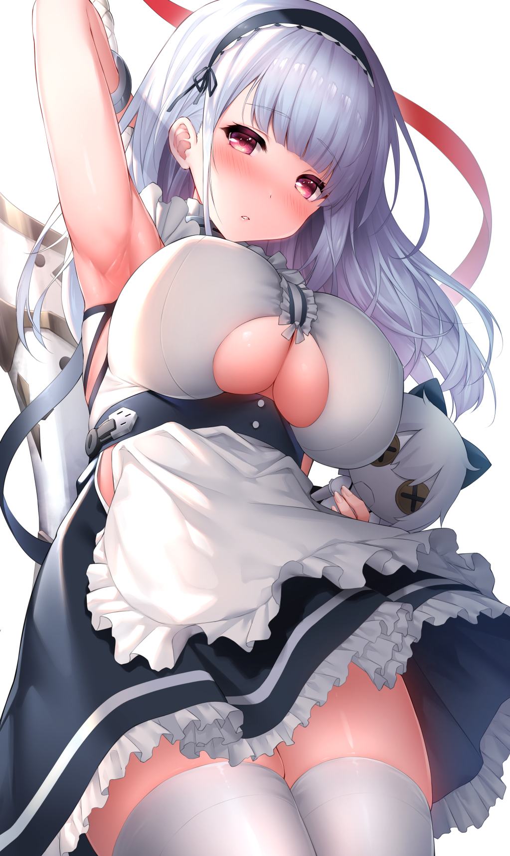 1girl apron arm_up armpits azur_lane bangs black_hairband black_skirt blunt_bangs breasts center_frills choker commentary_request cowboy_shot dido_(azur_lane) doll earrings eyebrows_visible_through_hair frilled_apron frilled_choker frilled_skirt frills hairband highres holding holding_doll jewelry lace-trimmed_hairband large_breasts long_hair maid_apron panties parted_lips shiny shiny_skin shirt silver_hair simple_background skindentation skirt sleeveless sleeveless_shirt solo thigh-highs under_boob underboob_cutout underwear violet_eyes waist_apron white_apron white_background white_legwear white_shirt yuwari_ume