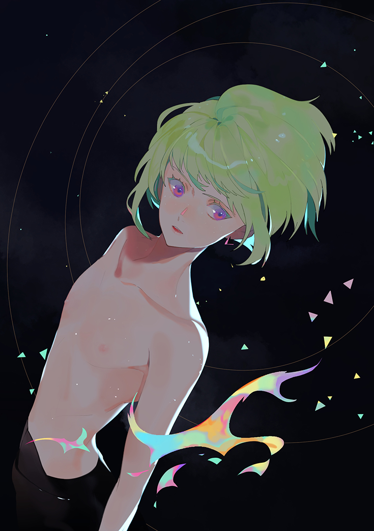 1boy androgynous bishounen butterfly39561 chest green_hair light_green_hair lio_fotia male_focus multicolored_fire nipples pastel_colors promare shirtless solo violet_eyes