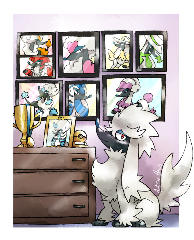 artsy-theo creature drawer furfrou furfrou_(dandy) furfrou_(debutante) furfrou_(diamond) furfrou_(heart) furfrou_(kabuki) furfrou_(la_reine) furfrou_(matron) furfrou_(pharaoh) furfrou_(star) gen_6_pokemon heart indoors no_humans pokemon pokemon_(creature) portrait_(object) red_eyes signature star trophy