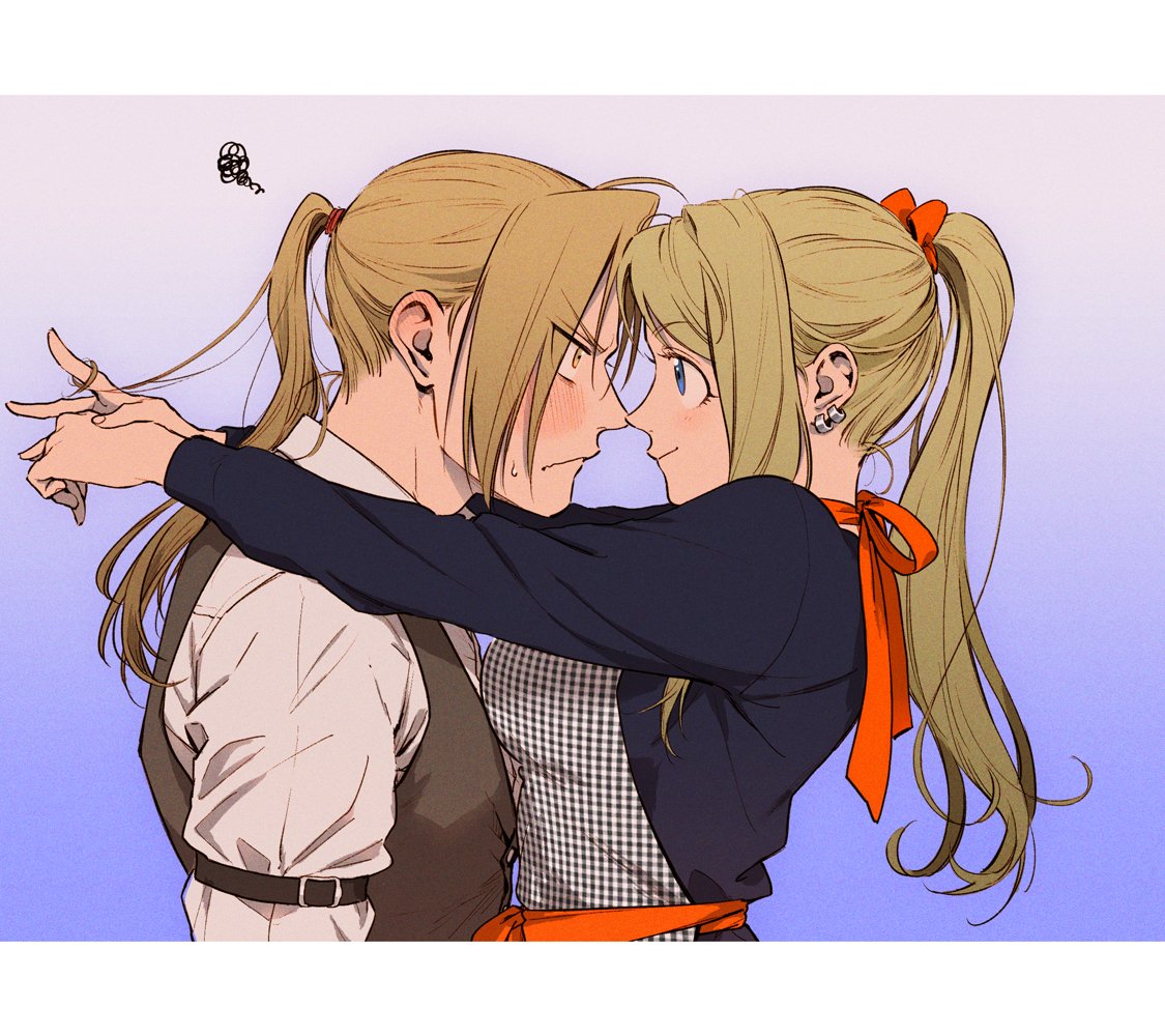 1boy 1girl apron aqua_background arm_belt arms_around_neck blonde_hair blue_eyes blue_shirt blush border close-up closed_mouth collared_shirt commentary_request couple dress_shirt ear_blush earrings edward_elric eye_contact eyebrows_visible_through_hair eyes_visible_through_hair fingernails from_side fullmetal_alchemist gradient gradient_background grey_background hair_ribbon hanayama_(inunekokawaii) hetero high_ponytail husband_and_wife jewelry letterboxed long_sleeves looking_at_another nape nervous noses_touching older piercing plaid plaid_apron playing playing_with_another's_hair ponytail profile red_ribbon ribbon same_height shirt shy sidelocks simple_background smile squiggle sweatdrop upper_body v-shaped_eyebrows vest wavy_mouth white_border white_shirt winry_rockbell yellow_eyes