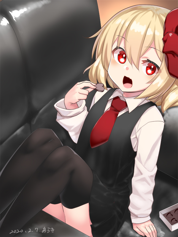 1girl araki_(qbthgry) arm_support black_legwear black_skirt blonde_hair blouse bow candy chair chocolate chocolate_heart eating food hair_bow hair_ribbon heart leaning_back long_sleeves looking_at_viewer necktie open_mouth red_bow red_eyes red_neckwear ribbon rumia short_hair sitting skirt skirt_set thigh-highs touhou vest white_blouse wing_collar
