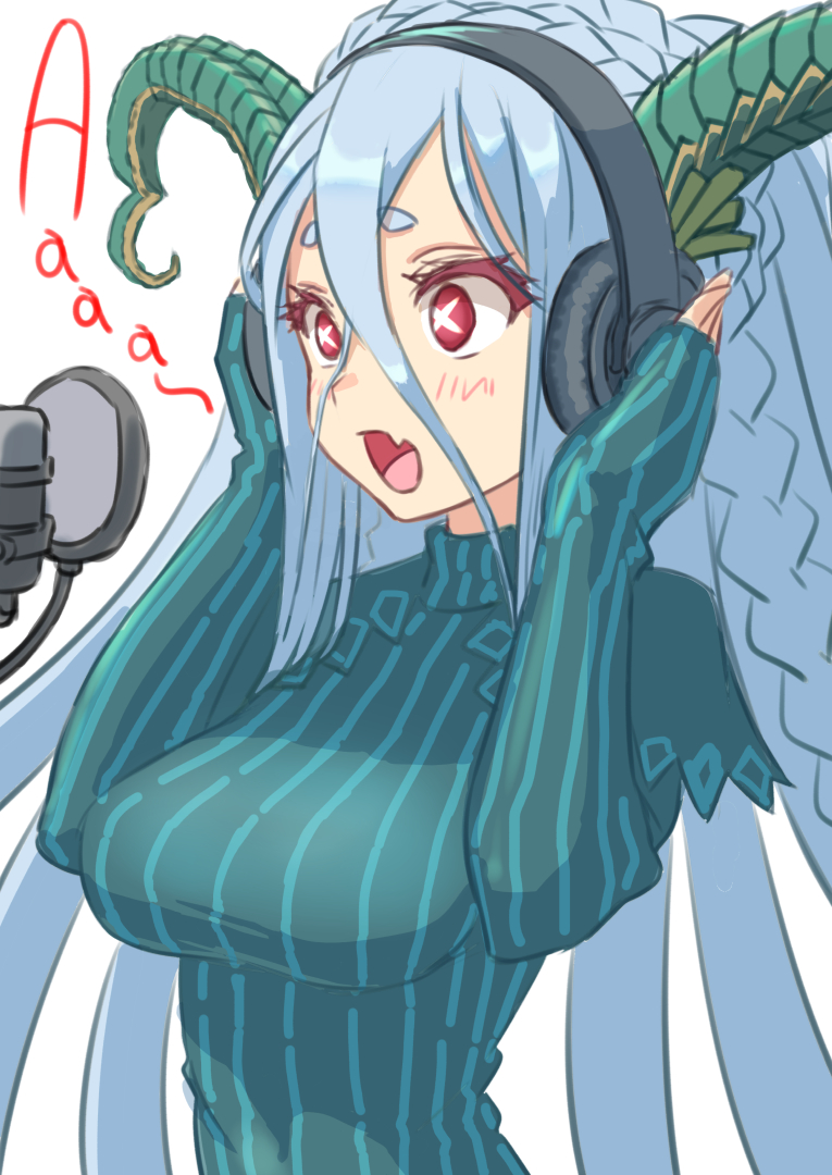 1girl blue_hair braid breasts commentary_request fang fate/grand_order fate_(series) headphones horns large_breasts long_hair microphone nyantiu pink_eyes sleeves_past_wrists sweater symbol-shaped_pupils tiamat_(fate/grand_order)