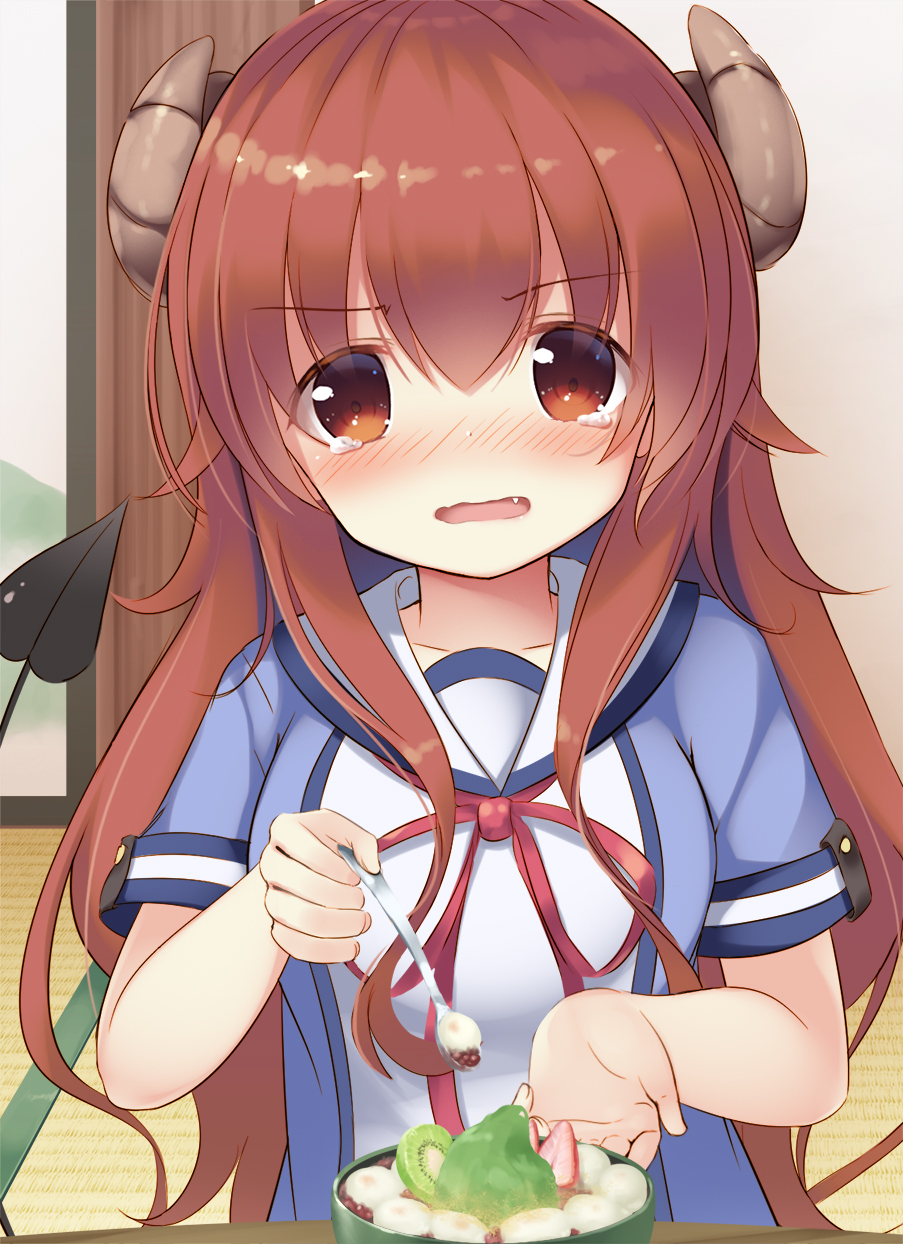 1girl ahoge bangs blush brown_eyes brown_hair commentary_request curled_horns demon_horns demon_tail eyebrows_visible_through_hair fang food full-face_blush hair_between_eyes highres horns indoors long_hair looking_at_viewer machikado_mazoku open_mouth psyche3313 solo spoon tail tears yoshida_yuuko_(machikado_mazoku)