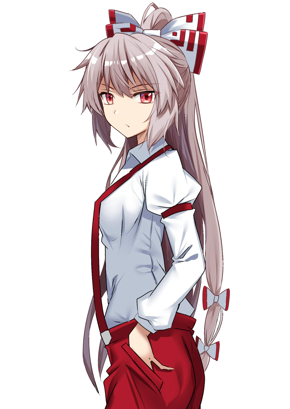 1girl bangs bow breasts commentary_request cowboy_shot e.o. eyebrows_visible_through_hair fujiwara_no_mokou hair_bow highres juliet_sleeves long_hair long_sleeves looking_at_viewer pants pocket ponytail puffy_sleeves red_eyes red_pants shirt sidelocks silver_hair simple_background small_breasts solo standing suspenders touhou very_long_hair white_background white_bow white_shirt