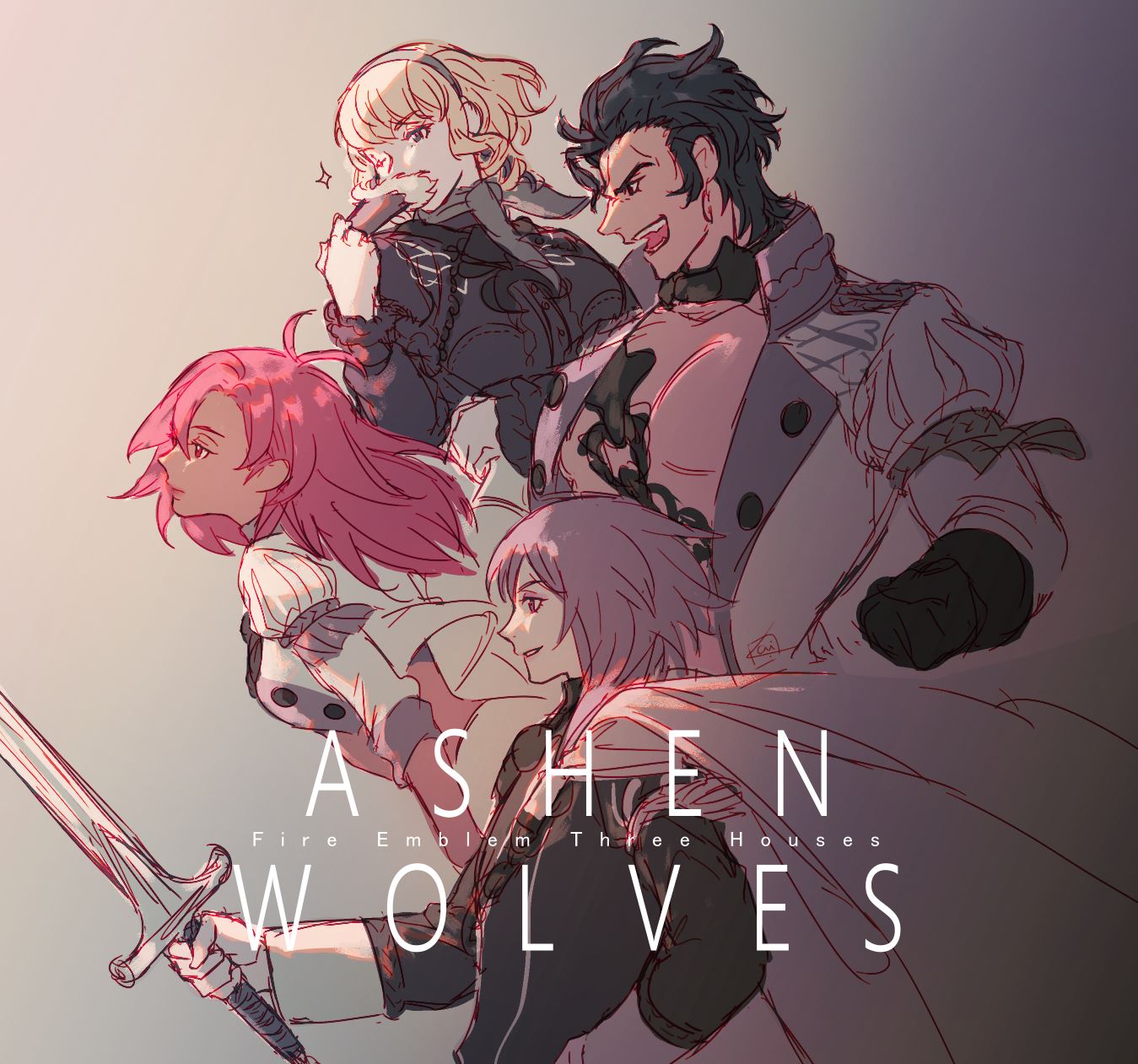 2boys 2girls balthus_(fire_emblem) black_gloves blonde_hair brown_hair cape closed_mouth constance_von_nuvelle copyright_name fire_emblem fire_emblem:_three_houses from_side garreg_mach_monastery_uniform gloves gradient gradient_background grey_background hapi_(fire_emblem) highres holding holding_sword holding_weapon krazehkai multiple_boys multiple_girls open_mouth parted_lips purple_hair redhead short_hair sword uniform weapon yuri_(fire_emblem)