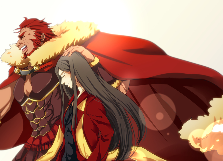 2boys armor beard black_hair cape facial_hair fate/zero fate_(series) fur-trimmed_cape fur_trim hand_on_another's_head jacket leather_armor lens_flare long_coat long_hair lord_el-melloi_ii male_focus mitsu_(nonoko05) multiple_boys older petting red_jacket redhead rider_(fate/zero) scarf stole time_paradox waver_velvet yellow_scarf