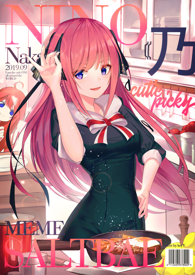 ahoge arm_up bangs black_dress black_ribbon blue_eyes blue_nails blunt_bangs bow breasts butterfly_hair_ornament cabinet cover dress food go-toubun_no_hanayome hair_ornament hand_on_hip hime_cut kei_young kitchen long_hair looking_to_the_side magazine_cover meme multicolored_nails nail_polish nakano_itsuki nakano_nino peeking_out pink_hair pink_nails red_bow redhead ribbon salt salt_bae_(meme) smile steak sunny_side_up_egg twintails white_bow