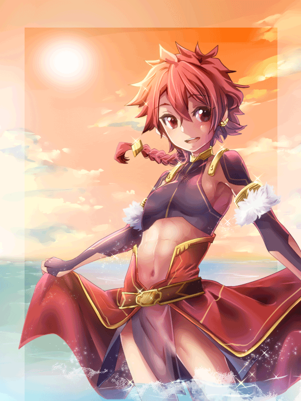 1boy alexander_(fate/grand_order) braid fate/grand_order fate_(series) leather leather_armor long_hair male_focus midriff mitsu_(nonoko05) overskirt partially_submerged red_eyes redhead single_braid skirt skirt_lift solo sun