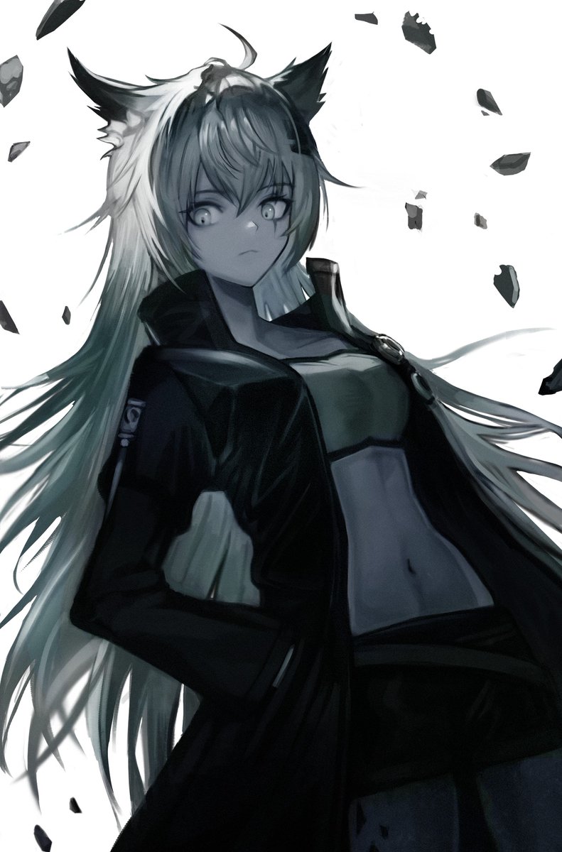 1girl akira_(aristole) animal_ears arknights bandeau black_coat black_shorts breasts coat cowboy_shot expressionless grey_eyes grey_hair hand_in_pocket high_collar highres lappland_(arknights) long_hair looking_at_viewer medium_breasts midriff navel open_clothes open_coat ore_lesion_(arknights) scar scar_across_eye short_shorts shorts solo white_background wolf_ears