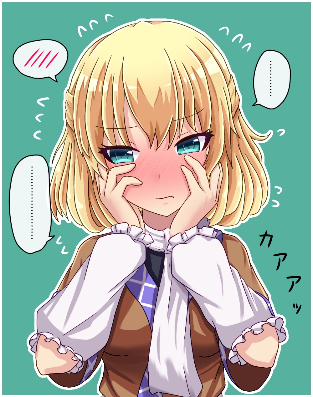 ... 1girl blonde_hair blush brown_shirt commentary embarrassed eyebrows_visible_through_hair fusu_(a95101221) green_background green_eyes hair_between_eyes hands_on_own_face highres mizuhashi_parsee shirt short_hair solo speech_bubble touhou translated white_neckwear white_sleeves