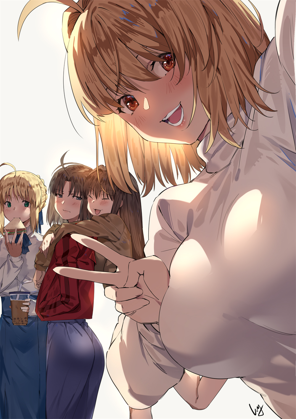 4girls ahoge aozaki_aoko arcueid_brunestud artoria_pendragon_(all) ass backlighting bangs blonde_hair blue_kimono blue_ribbon blue_skirt blush breasts brown_hair brown_sweater bubble_tea closed_eyes closed_mouth collared_shirt company_connection cup dress_shirt eating fate/stay_night fate_(series) food graphite_(medium) green_eyes grey_eyes hair_intakes hair_ribbon highres jacket japanese_clothes kara_no_kyoukai kimono large_breasts long_hair long_sleeves looking_at_viewer mahou_tsukai_no_yoru multiple_girls nanaya_(daaijianglin) neck_ribbon open_mouth red_eyes red_jacket ribbon ryougi_shiki saber sandwich self_shot shirt short_hair simple_background skirt small_breasts smile sweater traditional_media tsukihime turtleneck type-moon v white_background white_shirt white_skirt white_sweater