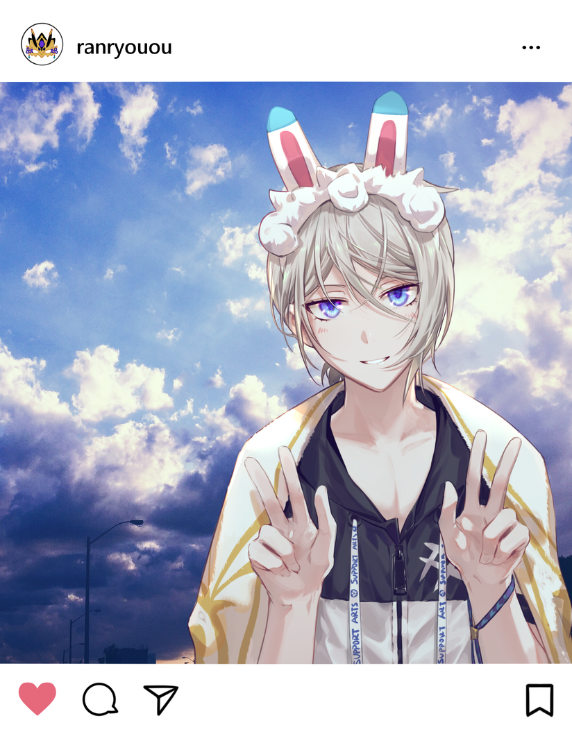 1boy animal_ears blue_eyes clouds cloudy_sky csyko double_v fake_animal_ears fake_screenshot fate/grand_order fate_(series) fou_(fate/grand_order) gao_changgong_(fate) grey_hair heroic_spirit_festival_outfit hood hoodie instagram male_focus rabbit_ears short_ponytail silver_hair sky smile solo towel towel_around_neck v