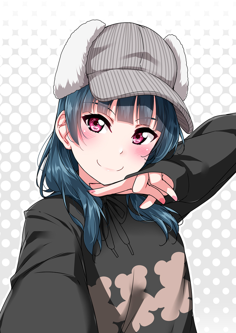 1girl animal_print bangs bear_print black_shirt blunt_bangs blush dark_blue_hair eyebrows_visible_through_hair grey_headwear hair_over_shoulder halftone halftone_background hand_on_own_chin hand_on_own_face hat kobayashi_aika long_hair long_sleeves looking_at_viewer love_live! love_live!_sunshine!! out_of_frame outstretched_arm polka_dot polka_dot_background red_eyes seiyuu_connection self_shot shirt smile tsushima_yoshiko upper_body yopparai_oni