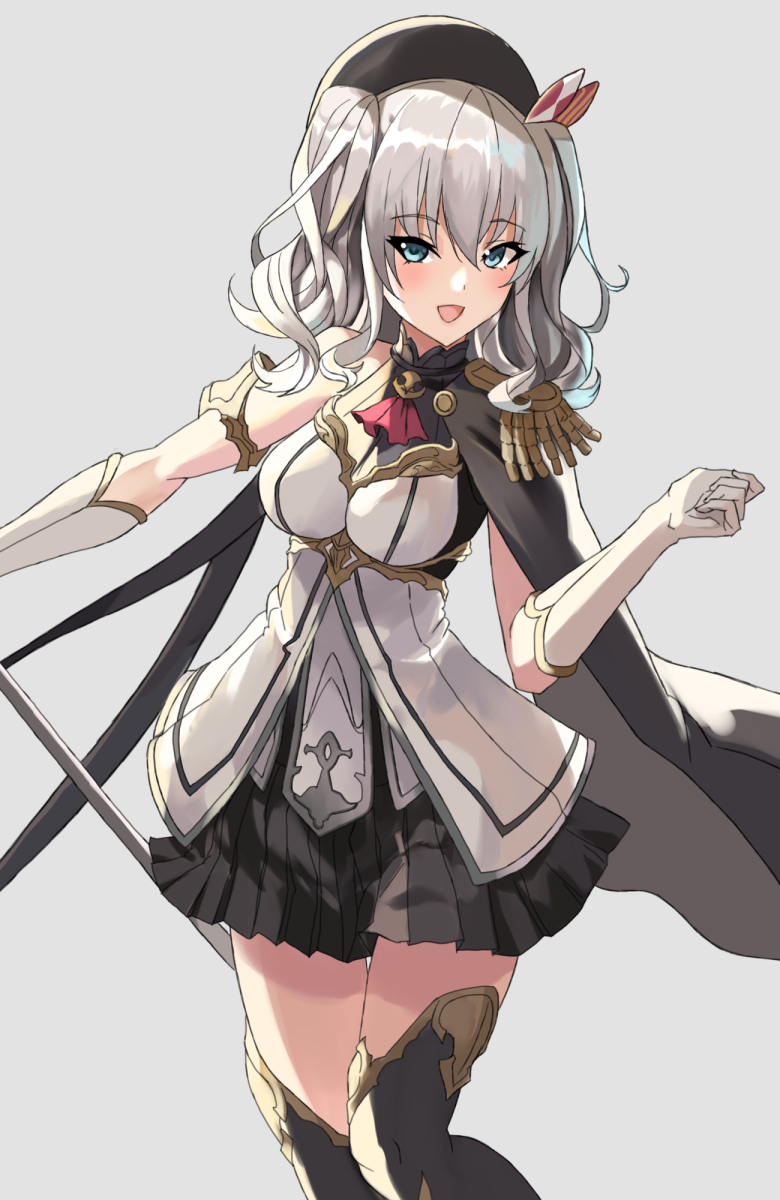 1girl adapted_costume ascot black_legwear black_skirt blue_eyes commentary commentary_request dress gloves grey_background grey_dress highres kantai_collection kashima_(kantai_collection) long_hair looking_at_viewer pleated_skirt red_neckwear sidelocks silver_hair simple_background skirt sleeveless smile solo staff standing thigh-highs twintails wavy_hair white_gloves yashiro_(silver_will)