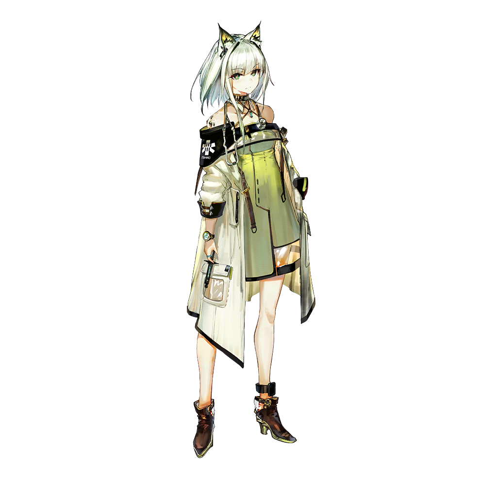 1girl animal_ear_fluff animal_ears arknights bangs bare_shoulders cat_ears closed_mouth detached_collar dress green_eyes green_hair high_heels jacket jewelry kal'tsit long_sleeves looking_at_viewer lowlight_kirilenko official_art short_hair solo stethoscope syringe transparent_background watch watch white_hair