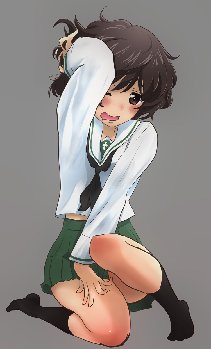 1girl akiyama_yukari bangs black_legwear black_neckwear blouse blush brown_eyes brown_hair commentary dated drooling girls_und_panzer green_skirt grey_background hand_in_hair hand_on_own_head highres kohinore leg_up long_sleeves looking_at_viewer messy_hair miniskirt neckerchief no_shoes one_eye_closed ooarai_school_uniform open_mouth pleated_skirt school_uniform serafuku short_hair simple_background sitting skirt smile socks solo wariza white_blouse