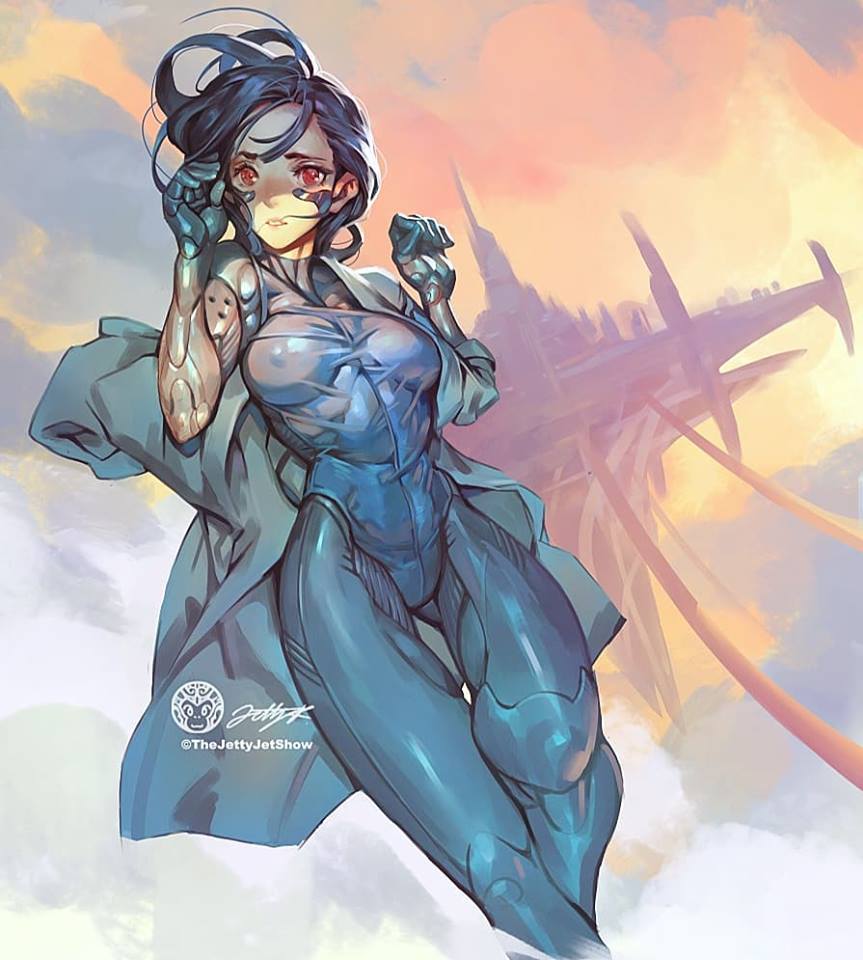 1girl black_hair blue_leotard breasts clouds coat covered_nipples cyborg feet_out_of_frame floating_city gally gunnm jet_kimchrea leotard mechanical_arms mechanical_legs medium_breasts off-shoulder_jacket red_eyes short_hair skin_tight solo