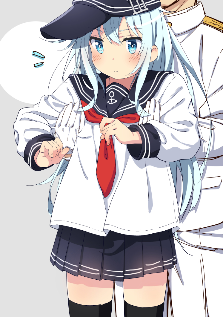 1boy 1girl admiral_(kantai_collection) black_legwear black_sailor_collar black_skirt blue_eyes commentary_request eyebrows_visible_through_hair gloves hair_between_eyes hibiki_(kantai_collection) jabittoson kantai_collection long_hair long_sleeves military military_uniform naval_uniform neckerchief pleated_skirt red_neckwear sailor_collar school_uniform serafuku silver_hair skirt thigh-highs uniform white_gloves